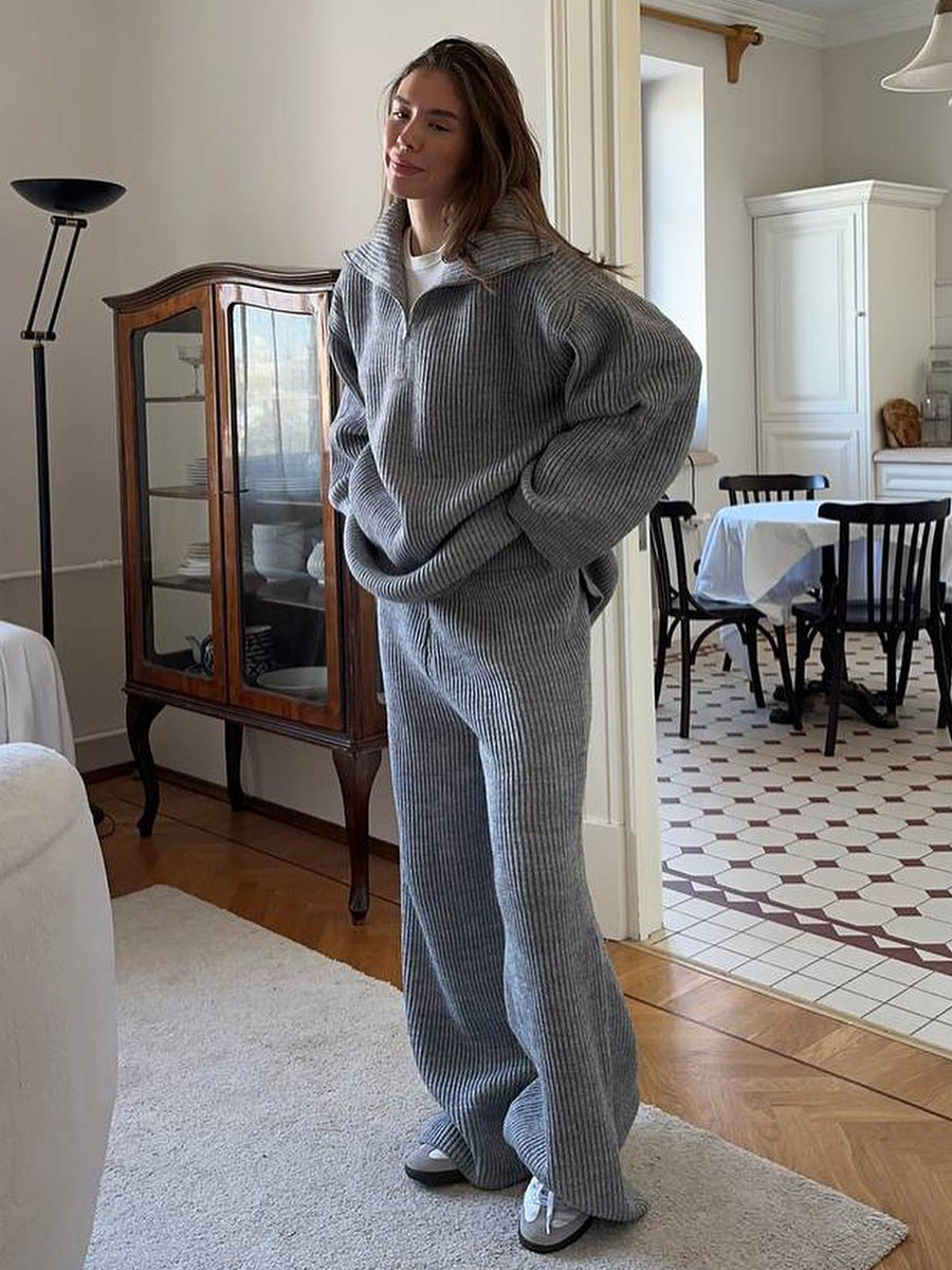 Half-Zip Polo Knit Sweater & Wide-Leg Pants Set in Heather Gray — full-length view on model