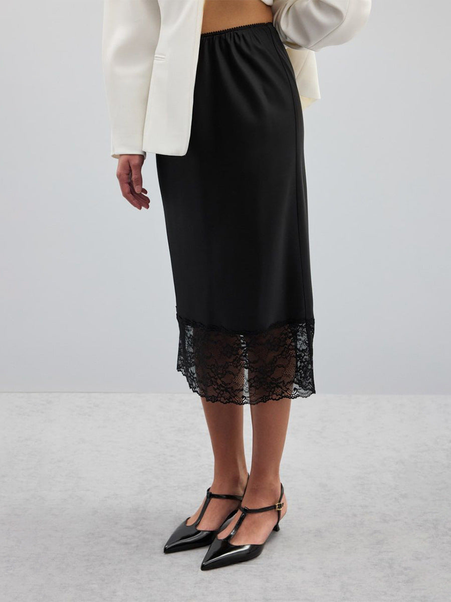 Satin Midi Skirt with Lace Hem in Black — lower view showing lace hem