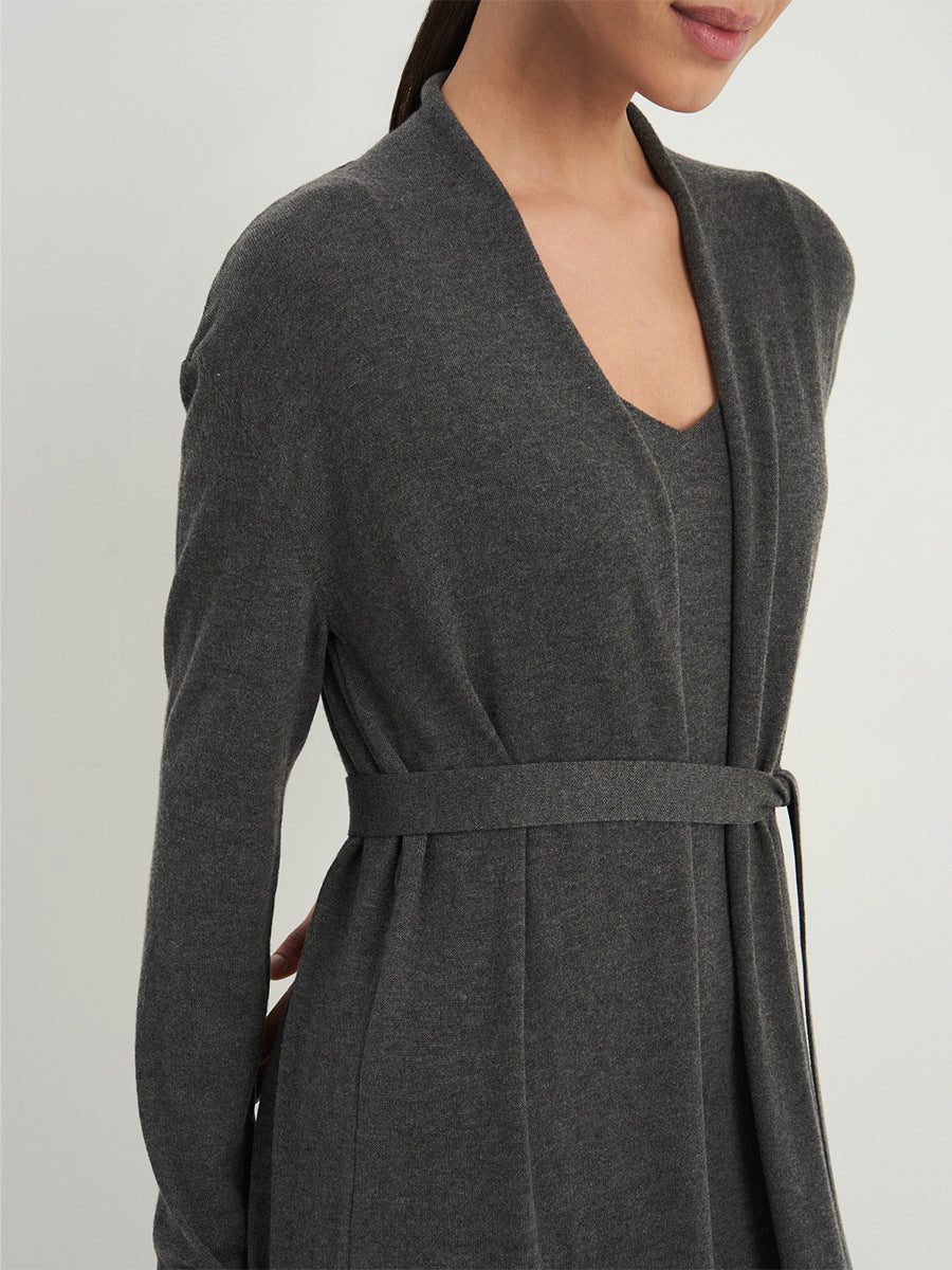 Long Belted Knit Cardigan & Maxi Slip Dress Set in Charcoal Gray — close-up of tie belt