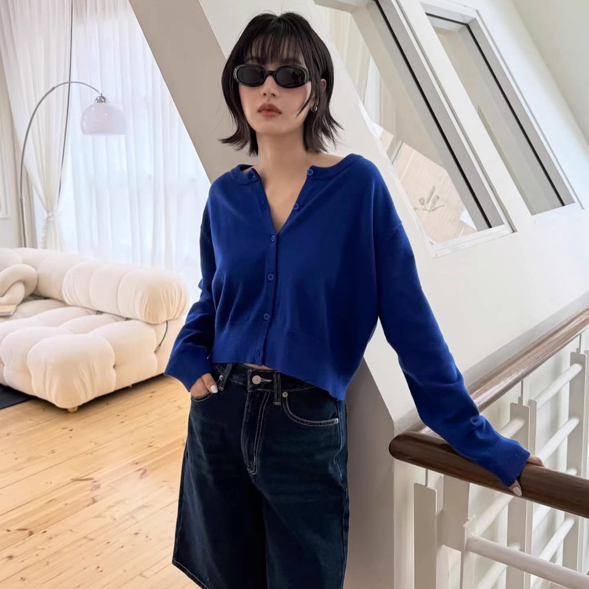 Cropped Crew-Neck Button Cardigan in Royal Blue — on model with jeans