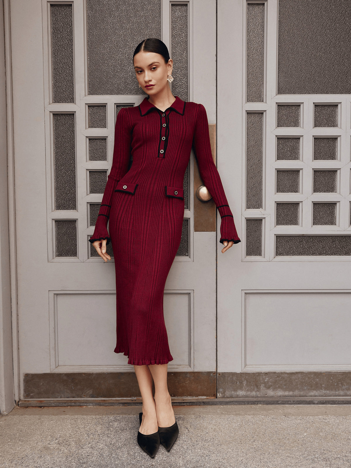 Contrast-Trim Collared Ribbed Midi Dress in Burgundy — full-length view on model