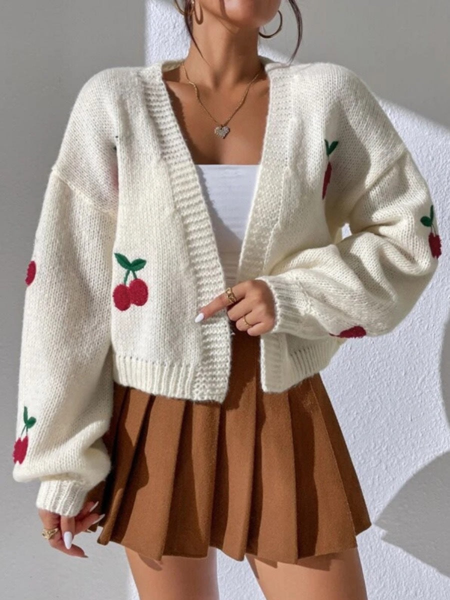 Cherry Embroidered Open-Front Knit Cardigan in Ivory — front view on model