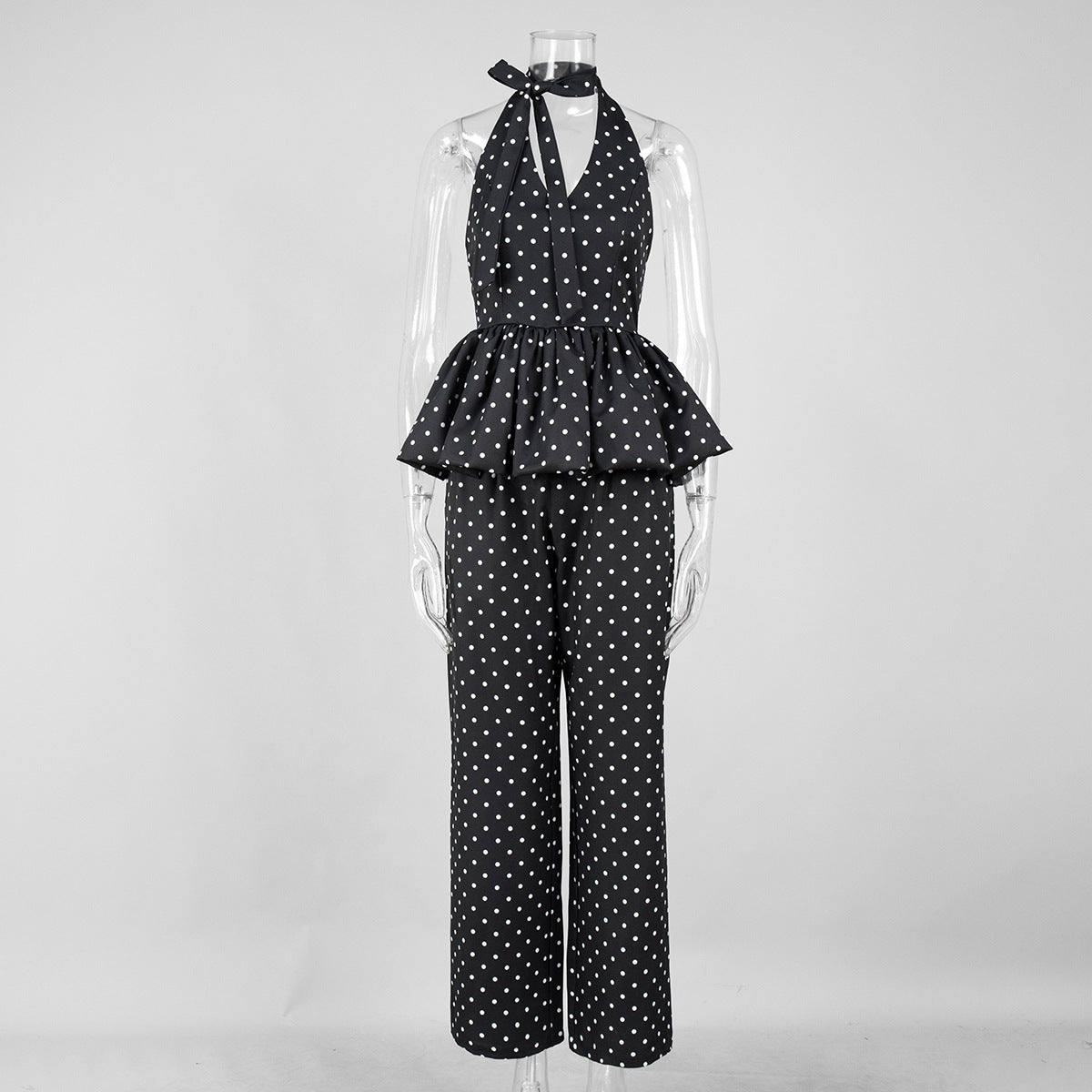Polka Dot Halter Peplum & Wide-Leg Set in Black Dot — front view on mannequin