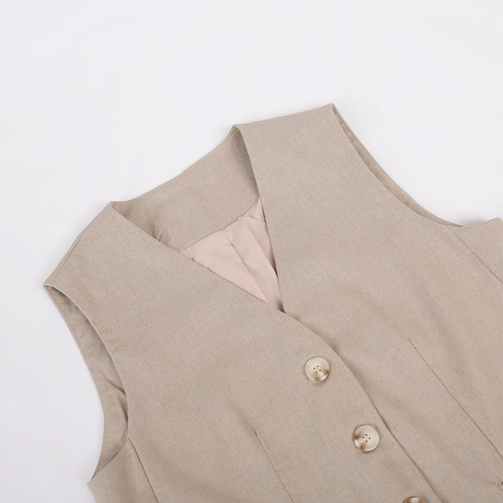 Linen-Blend Vest & Wide-Leg Pants Set in Khaki — close-up of V-neck and buttons