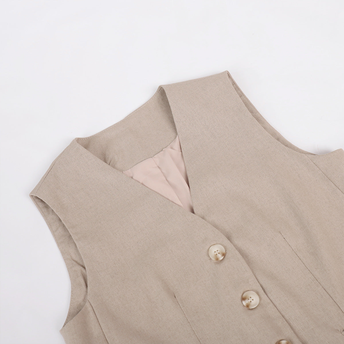 Linen-Blend Vest & Wide-Leg Pants Set in Khaki — close-up of V-neck and buttons