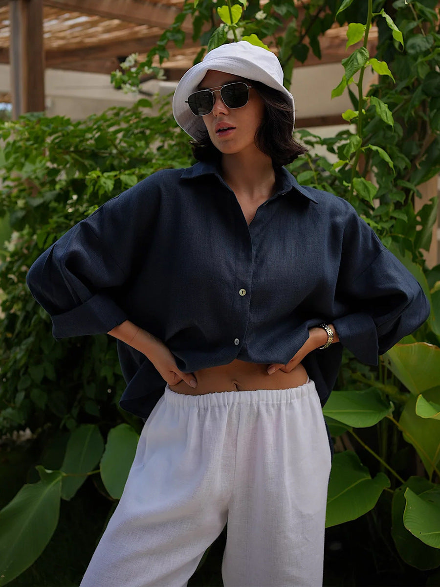 Relaxed Cotton Button-Down Shirt in Navy — on model