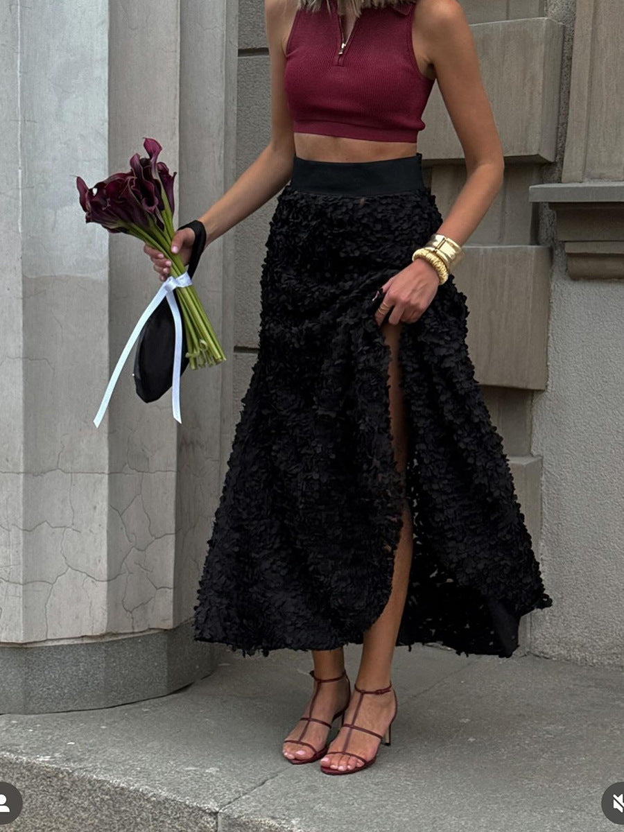 3D Rose Petal A-Line Maxi Skirt in Black — worn with a cropped top