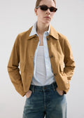 Cropped Faux Suede Jacket with Patch Pockets in Camel — front view on model