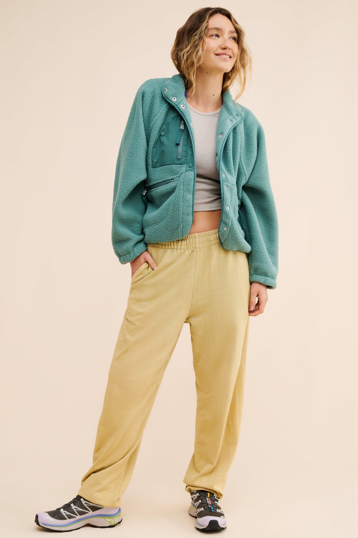 Cropped Sherpa Fleece Jacket with Stand Collar in Teal — full-length view on model