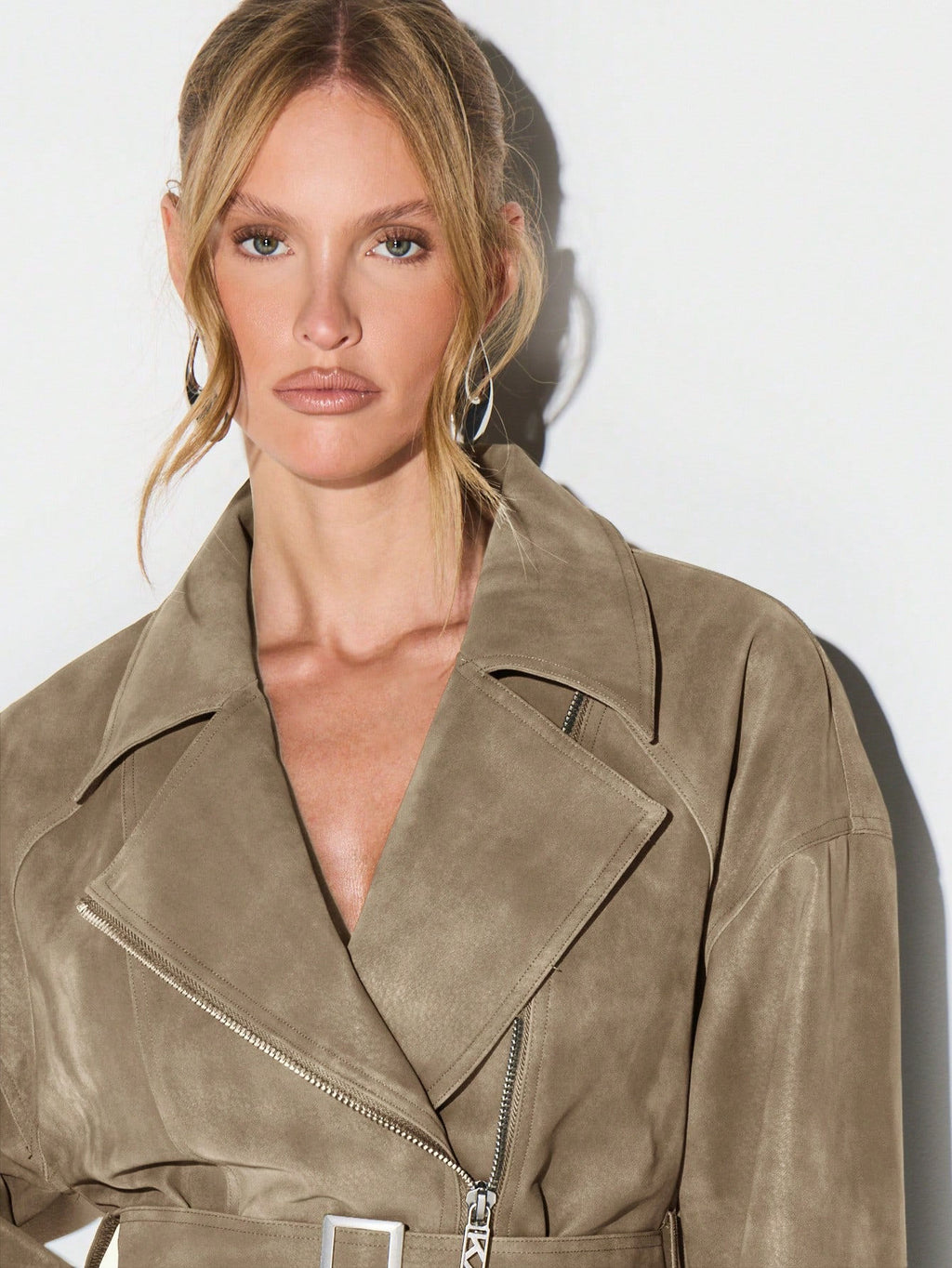 Belted Faux Suede Moto Jacket with Asymmetric Zip in Khaki — close-up of the lapel collar