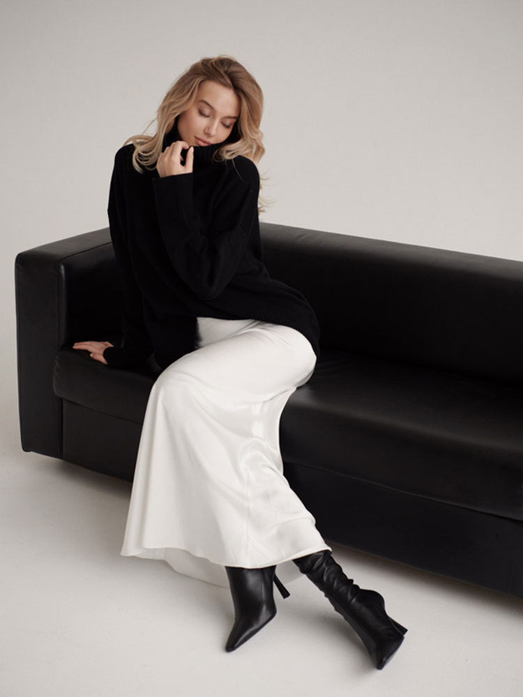 Satin Fishtail Maxi Skirt in White — on model