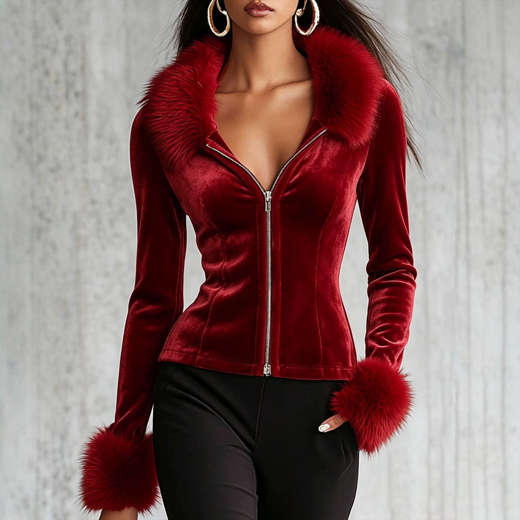 Fitted Velvet Zip Jacket with Faux Fur Collar and Cuffs in Burgundy — front view on model, zipped