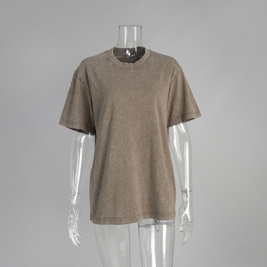 Oversized Washed Cotton Crewneck Tee in Coffee — on mannequin