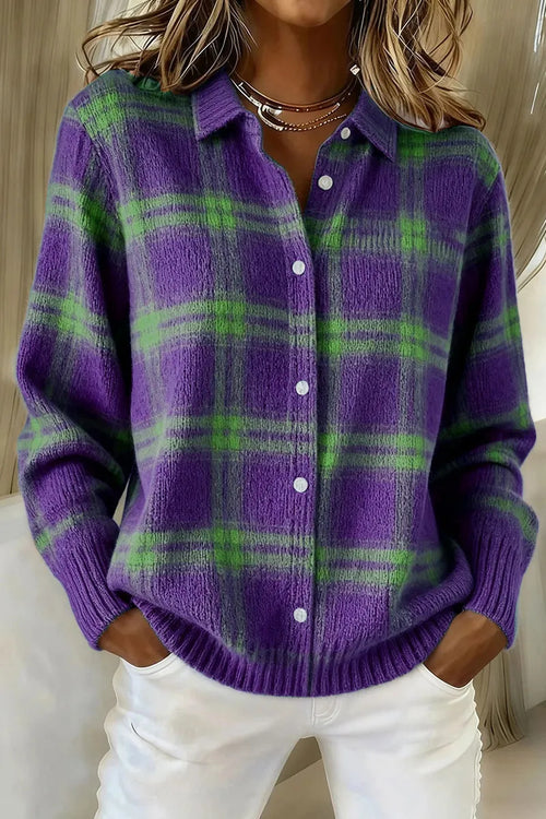 Plaid Knit Button-Front Shirt Cardigan in Purple Plaid — front view on model