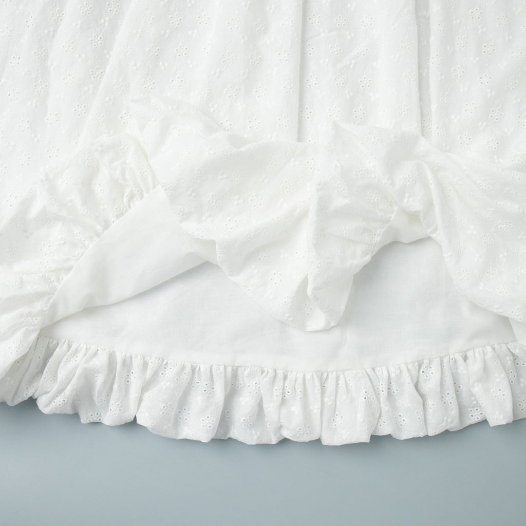 Eyelet Cotton Off-Shoulder Midi Dress in Ivory Eyelet — close-up of hem