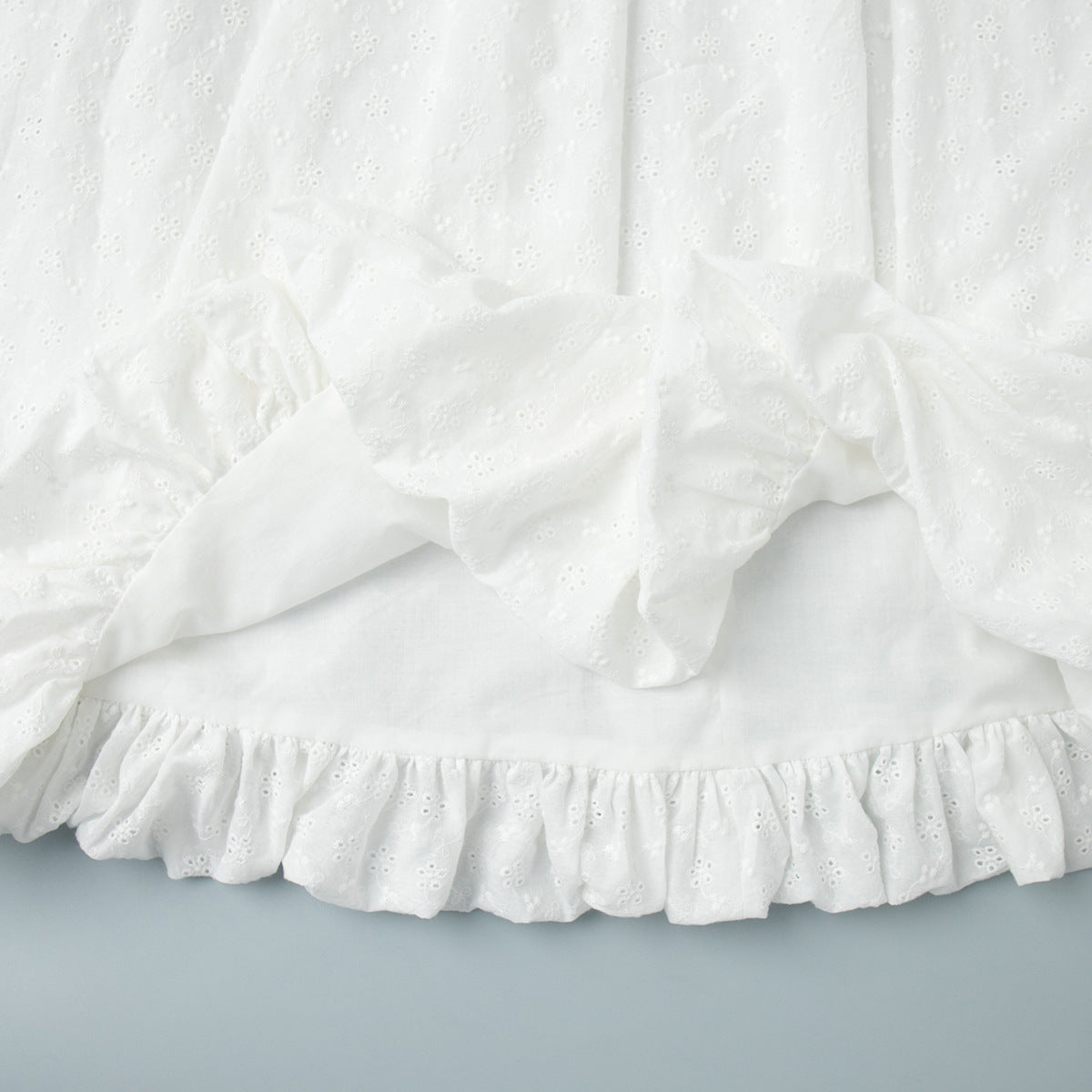 Eyelet Cotton Off-Shoulder Midi Dress in Ivory Eyelet — close-up of hem