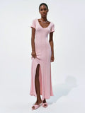 Rib-Knit V-Neck Maxi Dress with Side Slit in Soft Pink — front view on model, studio
