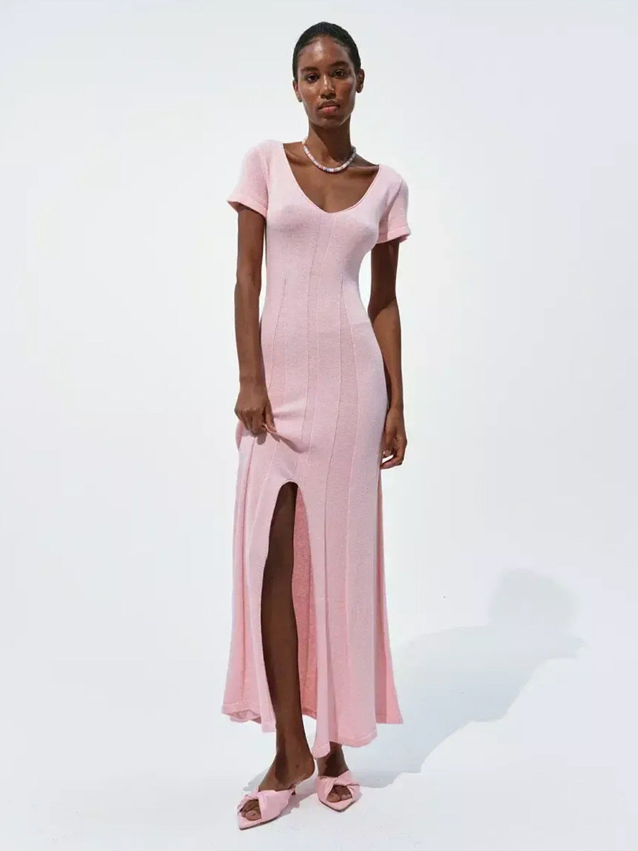 Rib-Knit V-Neck Maxi Dress with Side Slit in Soft Pink — front view on model, studio