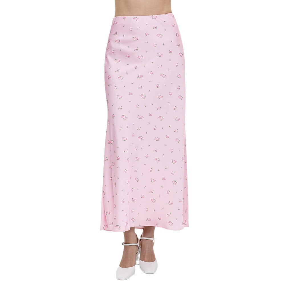 Floral Satin Maxi Skirt in Pink Floral — studio view with white heels