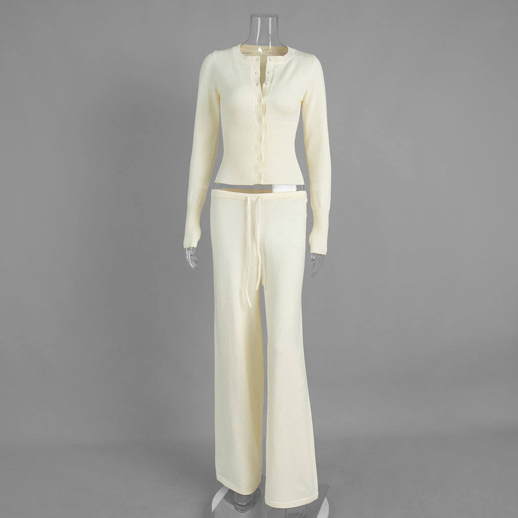 Ribbed Knit Cardigan & Low-Rise Wide-Leg Pants Set in Cream — front view