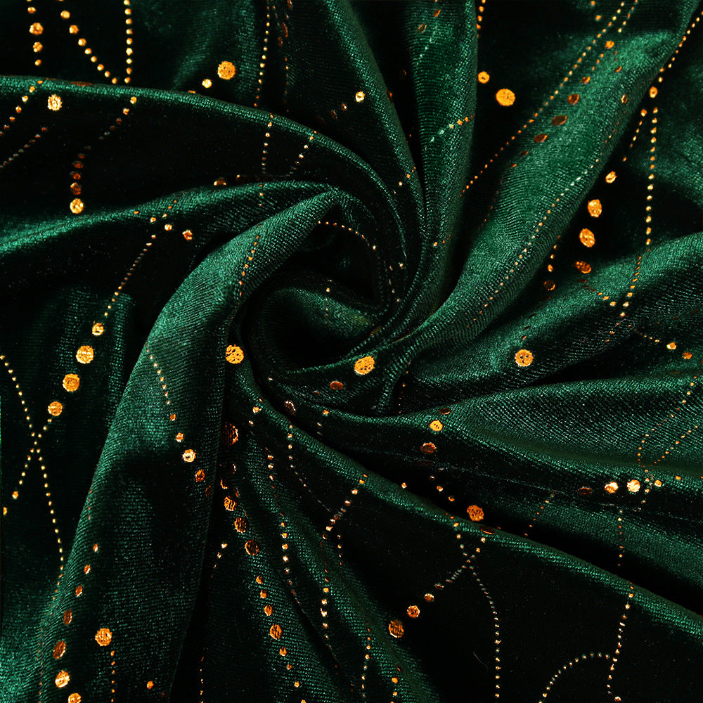 Plus-Size Velvet Mermaid Dress with High-Low Hem in Green — close-up of the velvet and metallic print