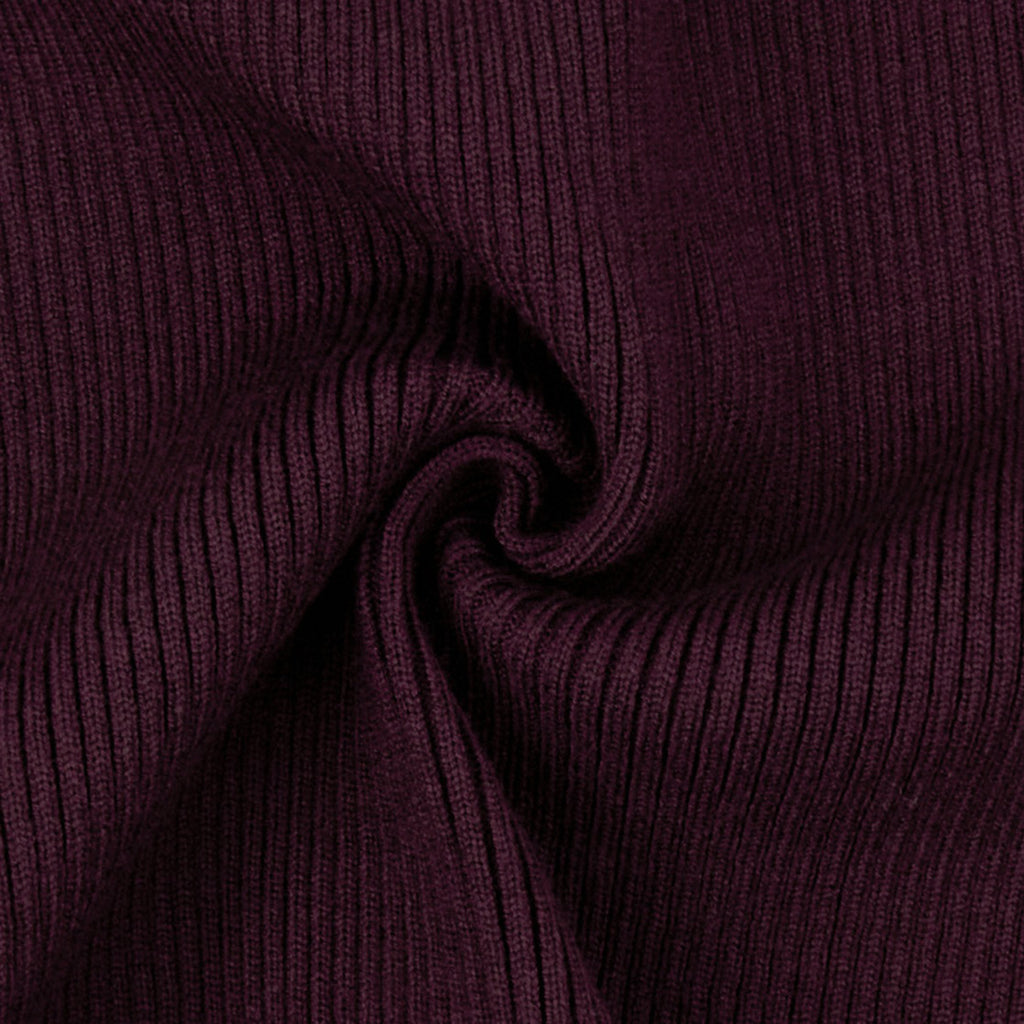 Ribbed V-Neck Button Cardigan & Fitted Knit Maxi Skirt Set in Plum — rib knit close-up