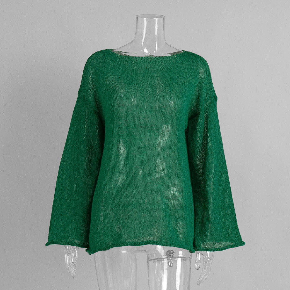 Sheer Open-Knit Bell Sleeve Sweater in Forest Green — front view