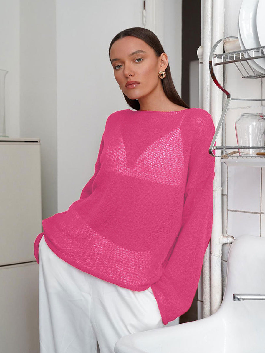 Sheer Open-Knit Bell Sleeve Sweater in Magenta — front view on model