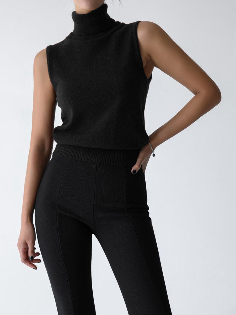 Sleeveless Turtleneck Knit Top & Cardigan Twin Set in Black — sleeveless turtleneck top on model