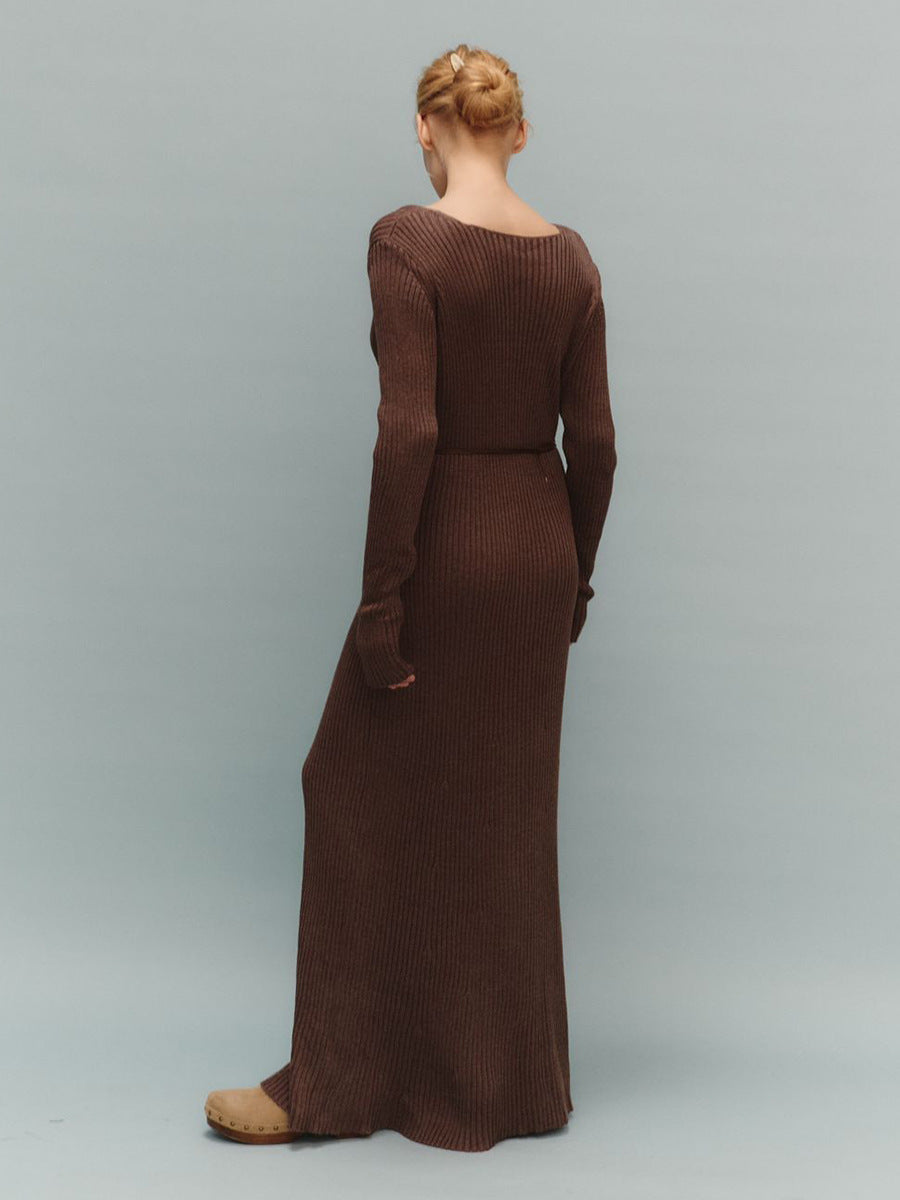 Ribbed Knit V-Neck Long Sleeve Maxi Dress in Chocolate — back view on model