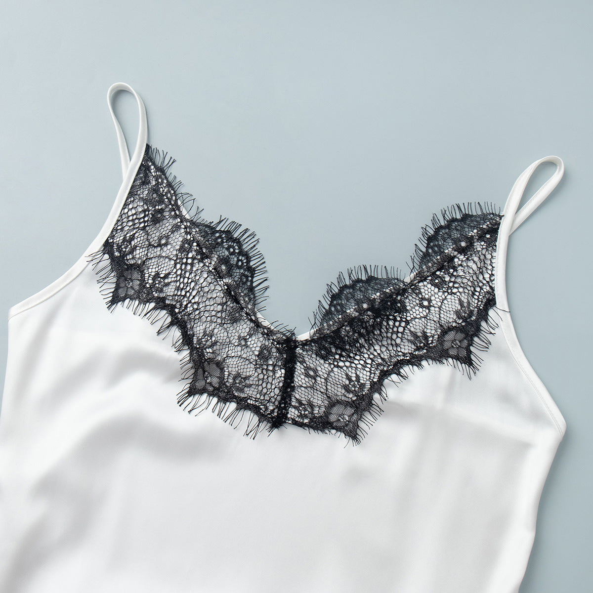 Lace-Trim Satin Maxi Slip Dress in White — close-up of the eyelash lace neckline