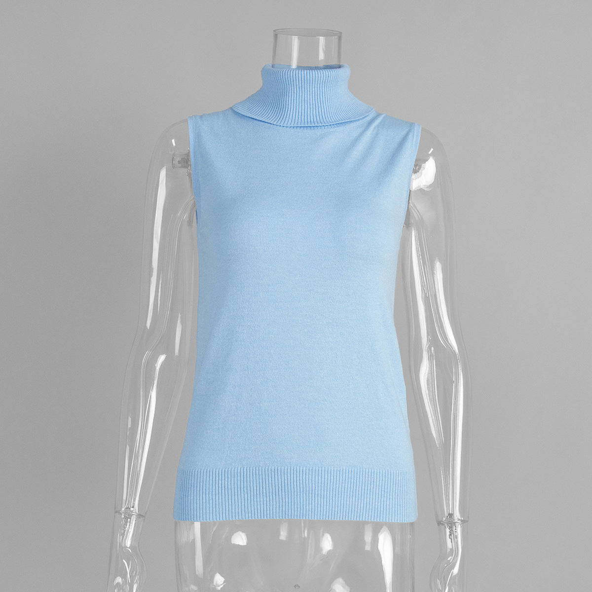 Sleeveless Turtleneck Knit Top & Cardigan Twin Set in Sky Blue (Top Only) — front view