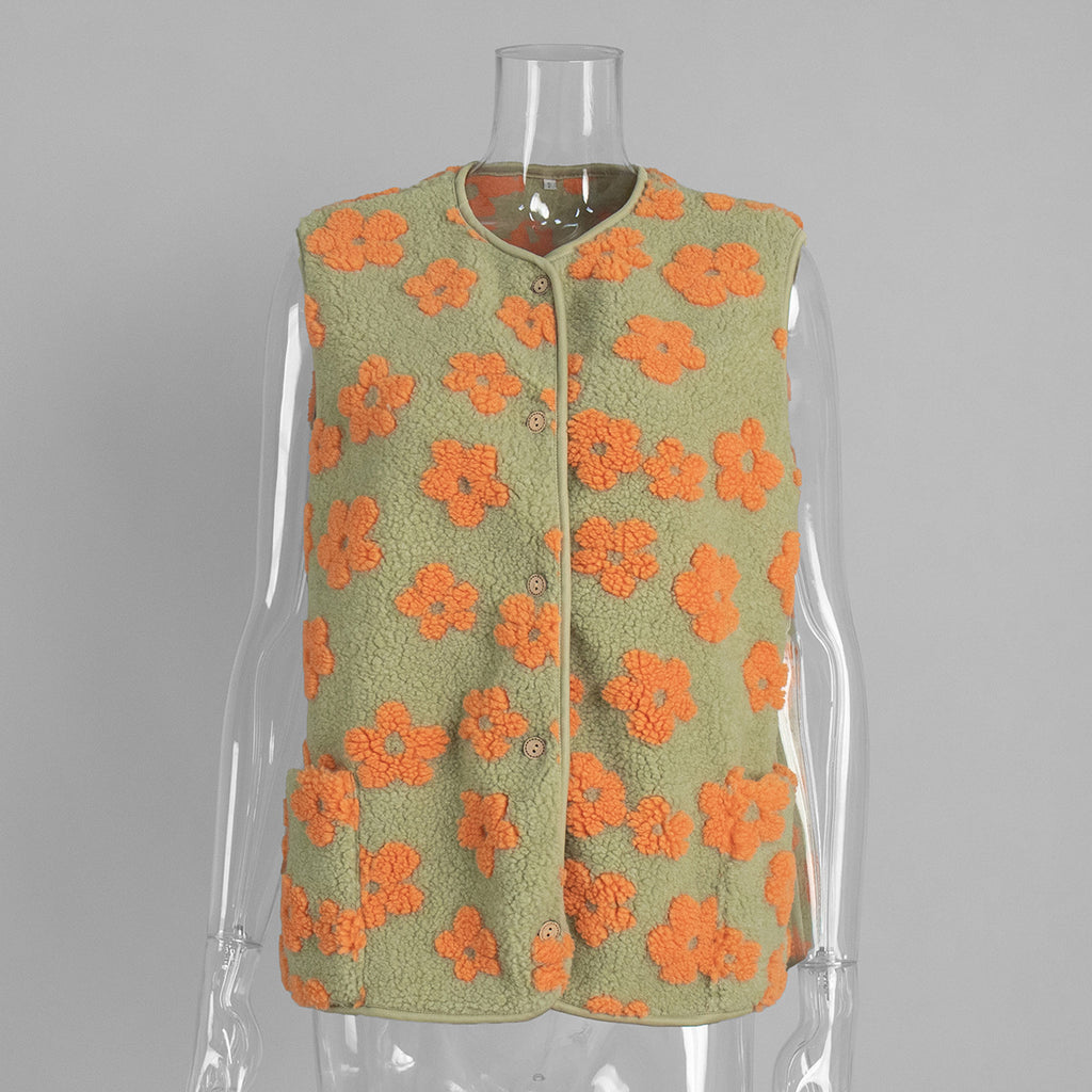 Floral Sherpa Fleece Button Vest with Pockets in Sage & Orange Floral — vest front view