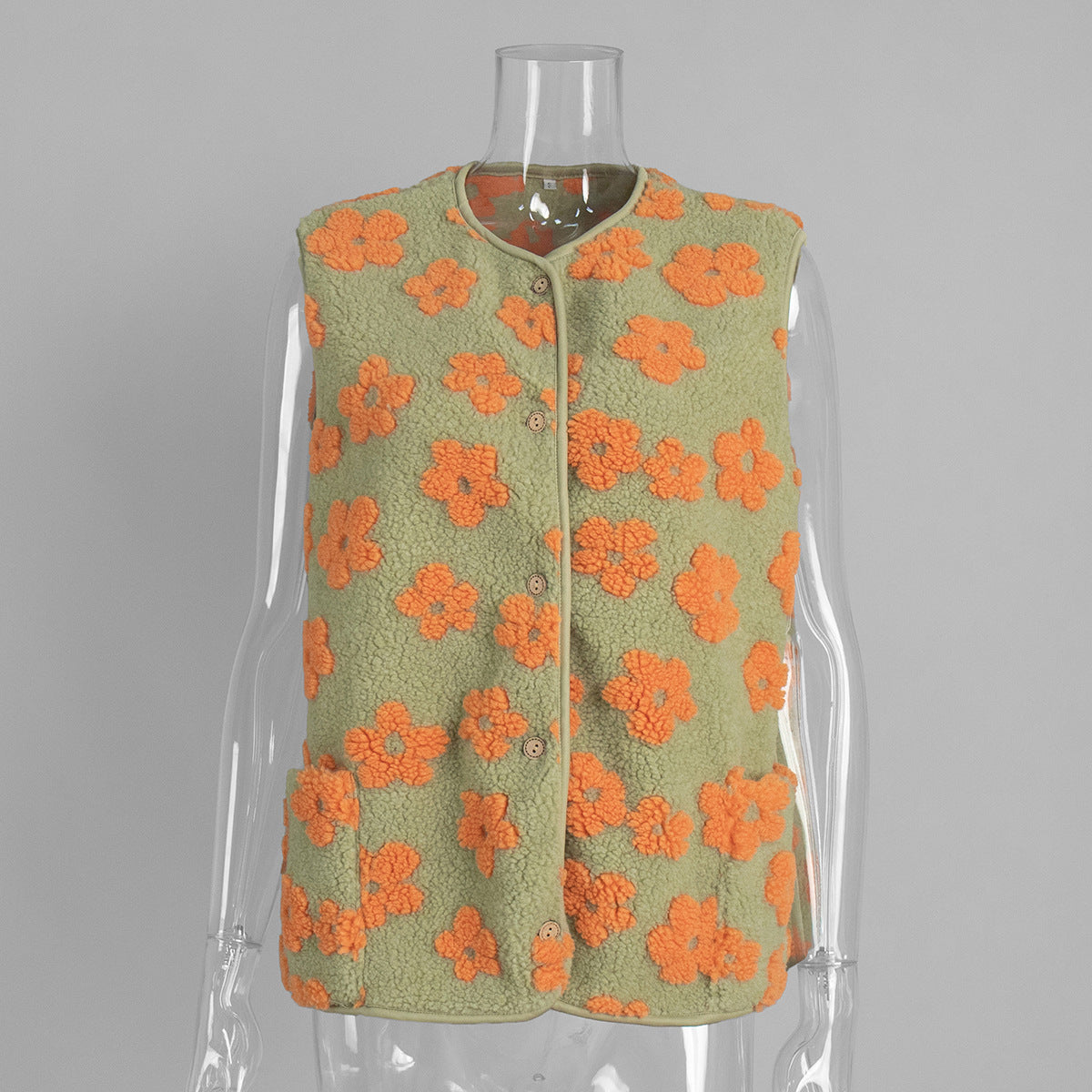 Floral Sherpa Fleece Button Vest with Pockets in Sage & Orange Floral — vest front view
