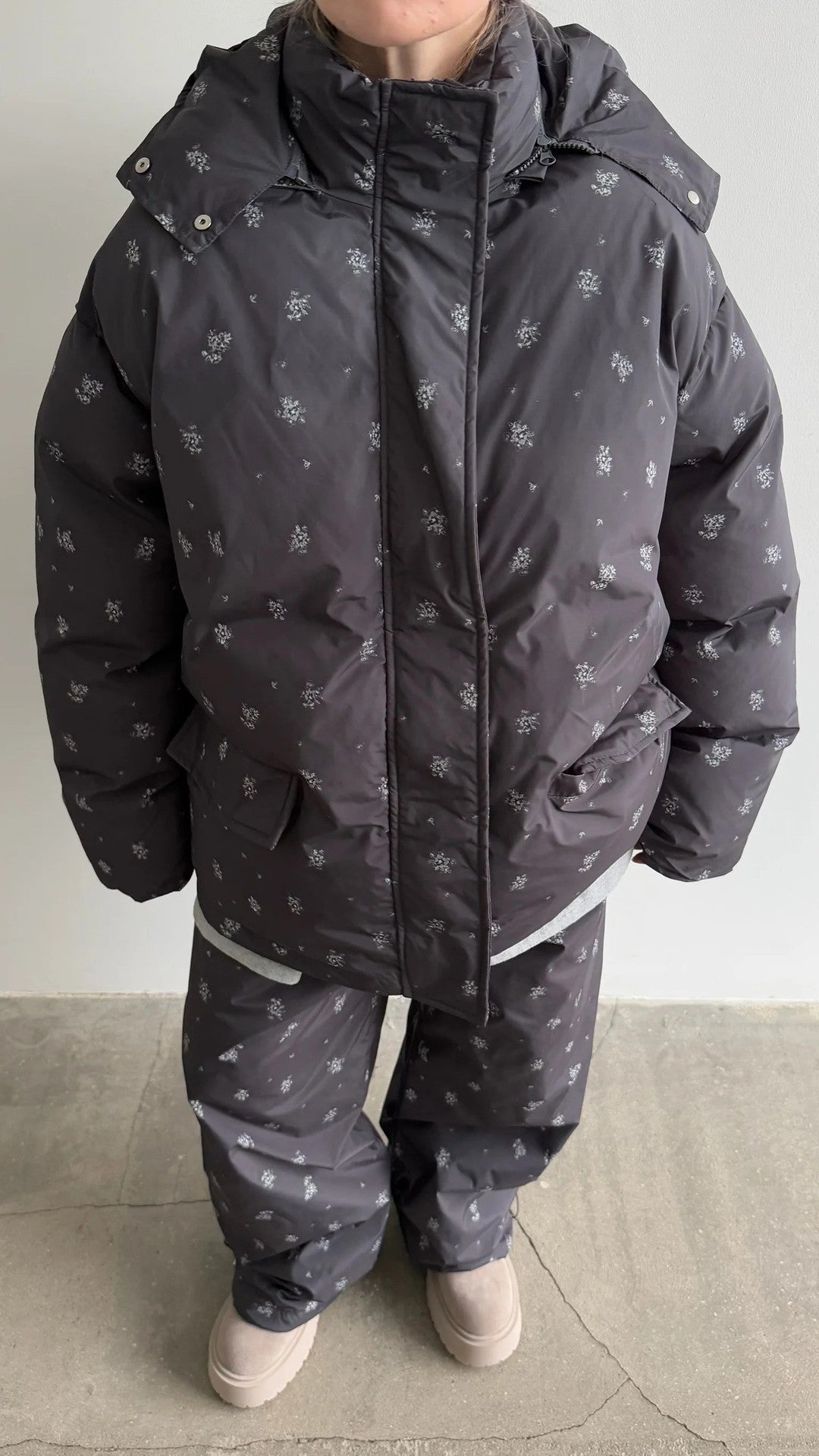 Floral Print Hooded Puffer Jacket & Drawstring Puffer Pants in Black Floral — jacket zipped, front