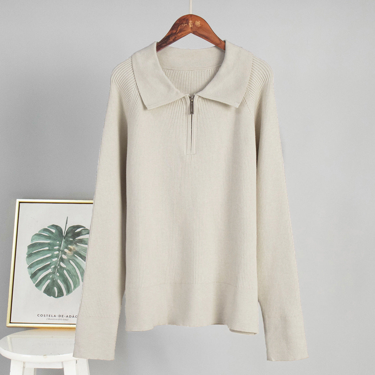 Quarter-Zip Polo Collar Ribbed Sweater in Oatmeal — front view