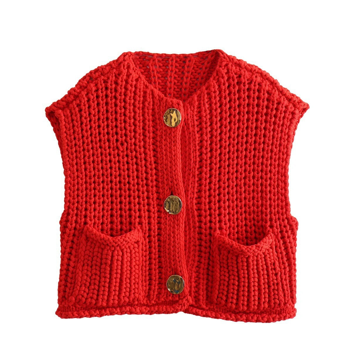 Gold-Button Chunky Knit Vest in Red — flat front view