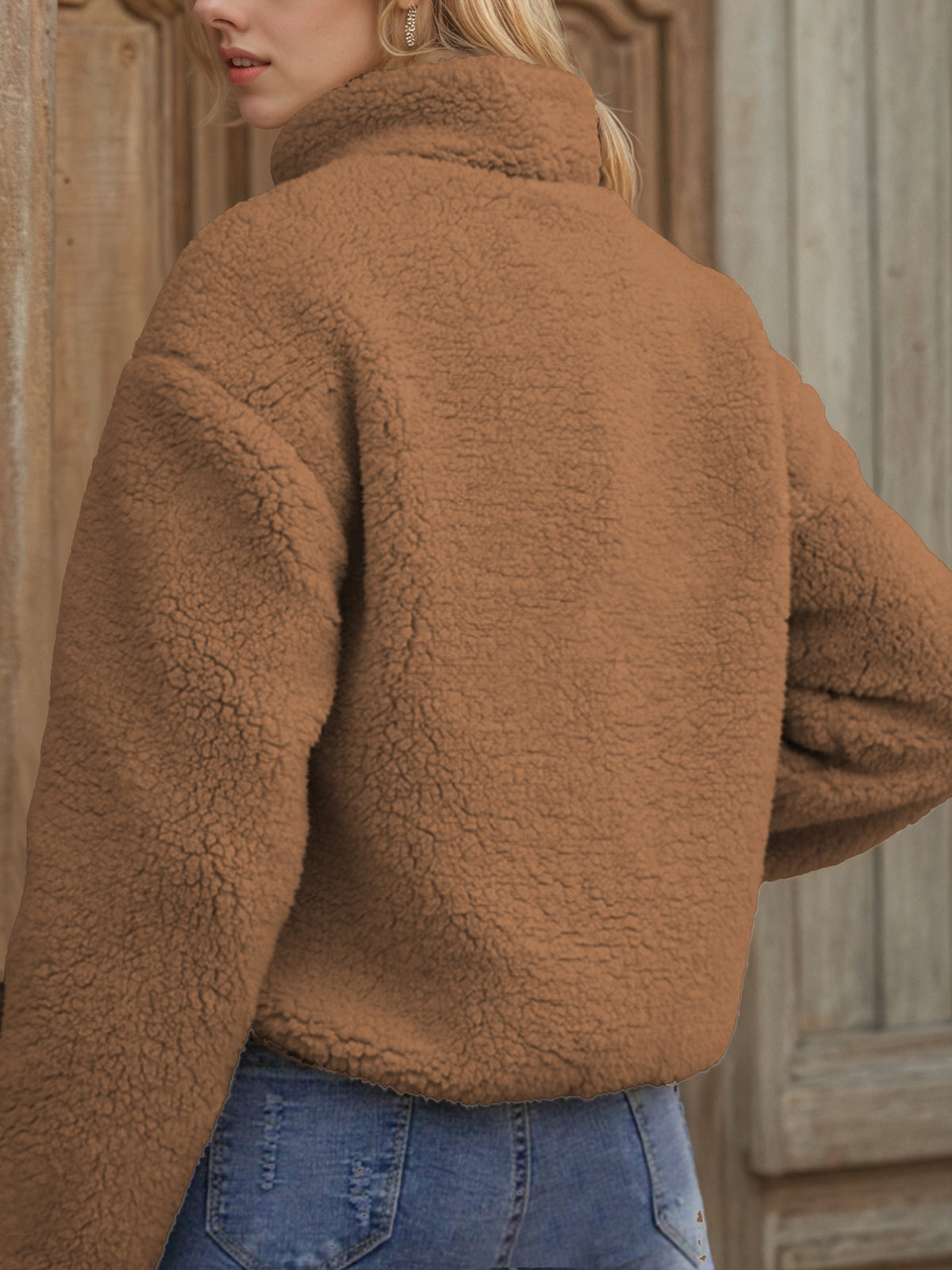 Teddy Fleece Zip-Up Jacket with Contrast Pockets in Camel — back view on model