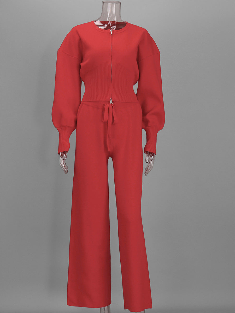 Zip-Front Balloon-Sleeve Knit Top & Drawstring Wide-Leg Pants Set in Red — set front view