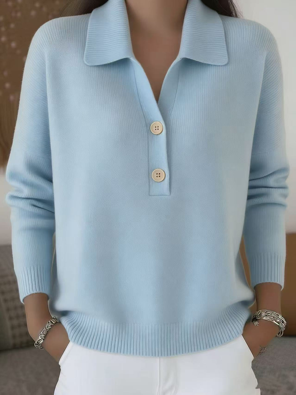 Polo-Collar Half-Button Knit Sweater in Light Blue — full-length view on model