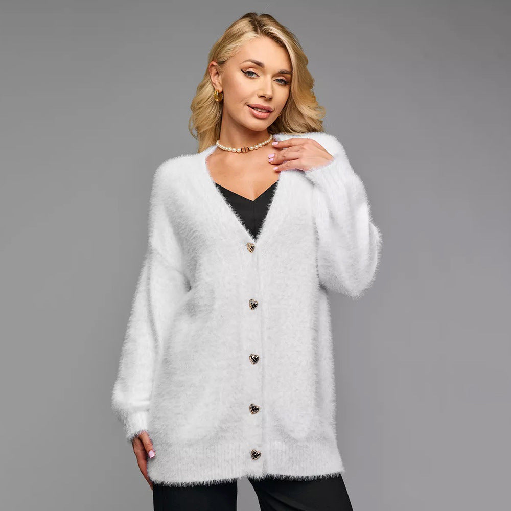 Fuzzy V-Neck Cardigan with Heart Buttons in White — front view on model