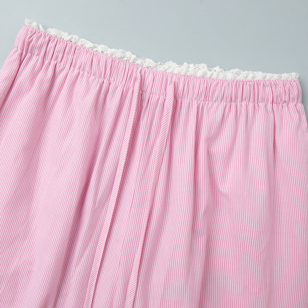 Pinstripe Cotton Shirt & Wide-Leg Pants Set in Soft Pink — close-up of pant hem