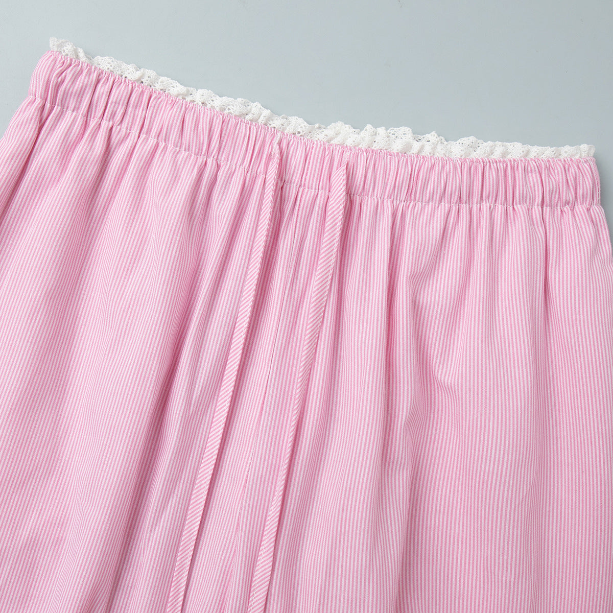 Pinstripe Cotton Shirt & Wide-Leg Pants Set in Soft Pink — close-up of pant hem