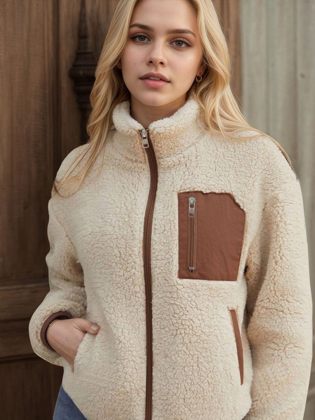 Teddy Fleece Zip-Up Jacket with Contrast Pockets in Ivory — front view on model, zipped