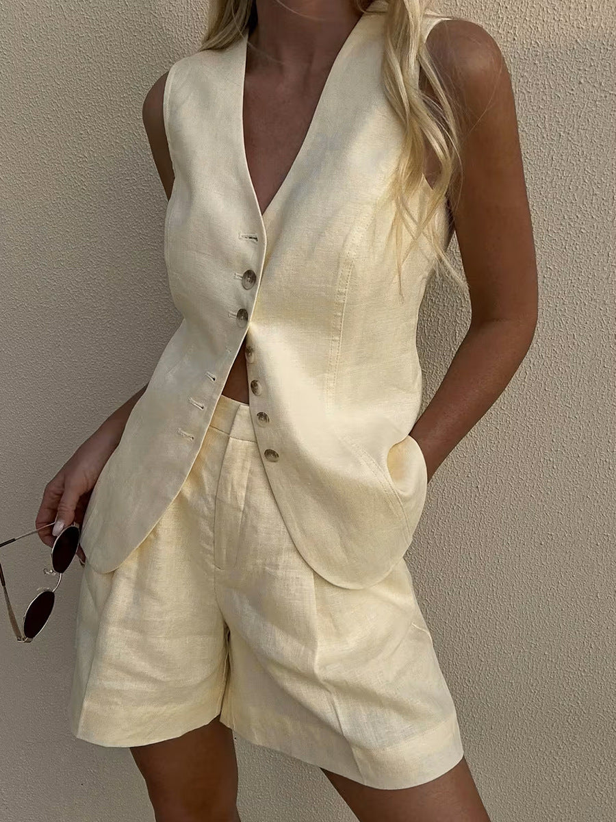 Linen-Blend Vest & Pleated Shorts Set in Butter Cream — on model, studio