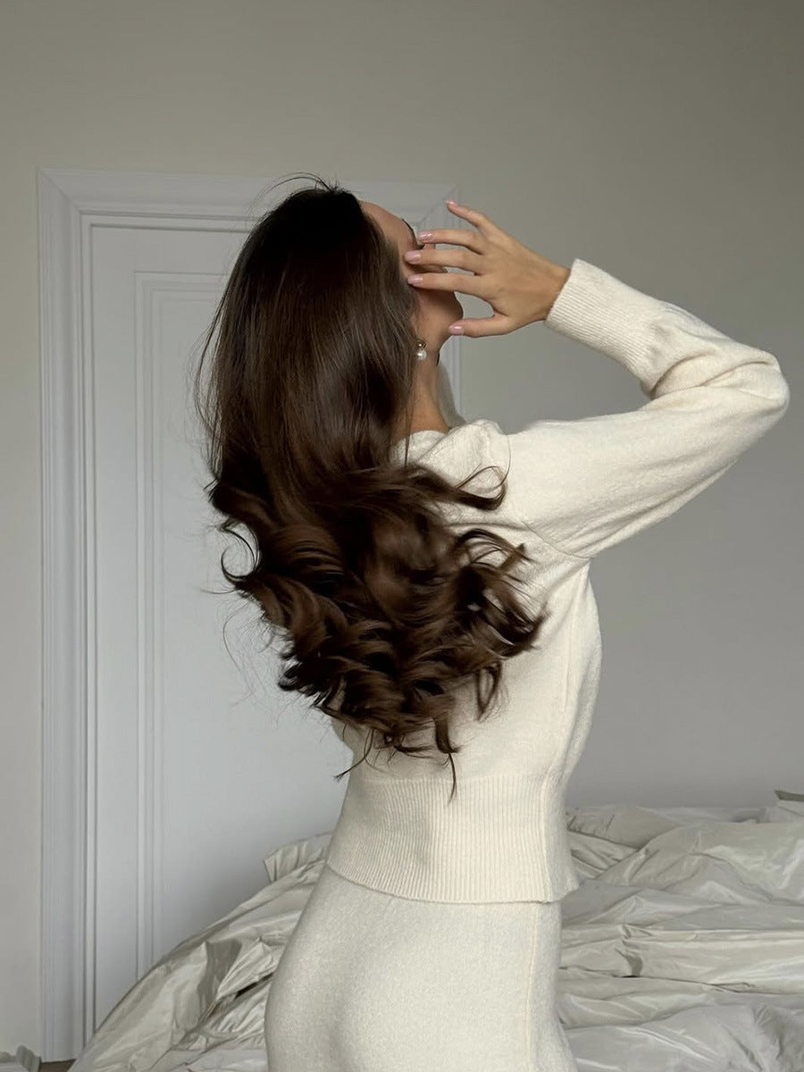 V-Neck Button Cardigan & Knit Midi Skirt Set in Ivory — back view on model
