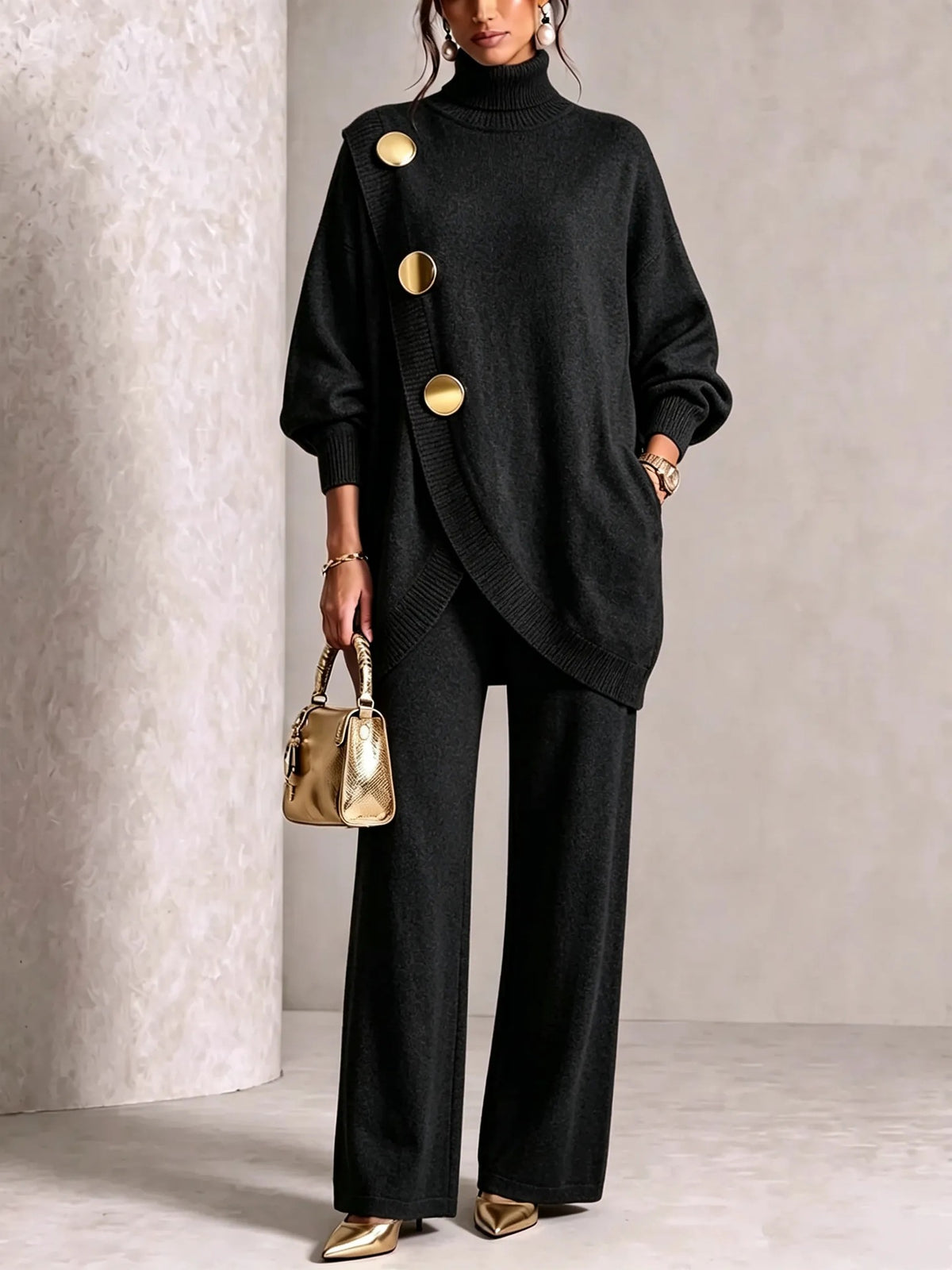 Asymmetric Turtleneck Sweater & Wide-Leg Knit Pants Set in Black — full-length view on model
