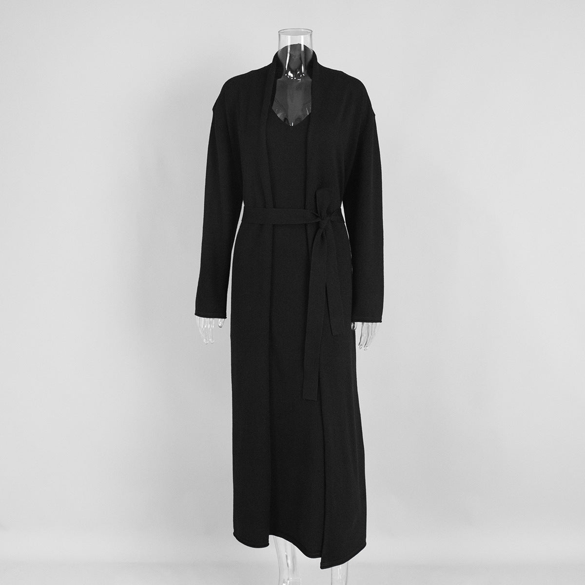 Long Belted Knit Cardigan & Maxi Slip Dress Set in Black — front view