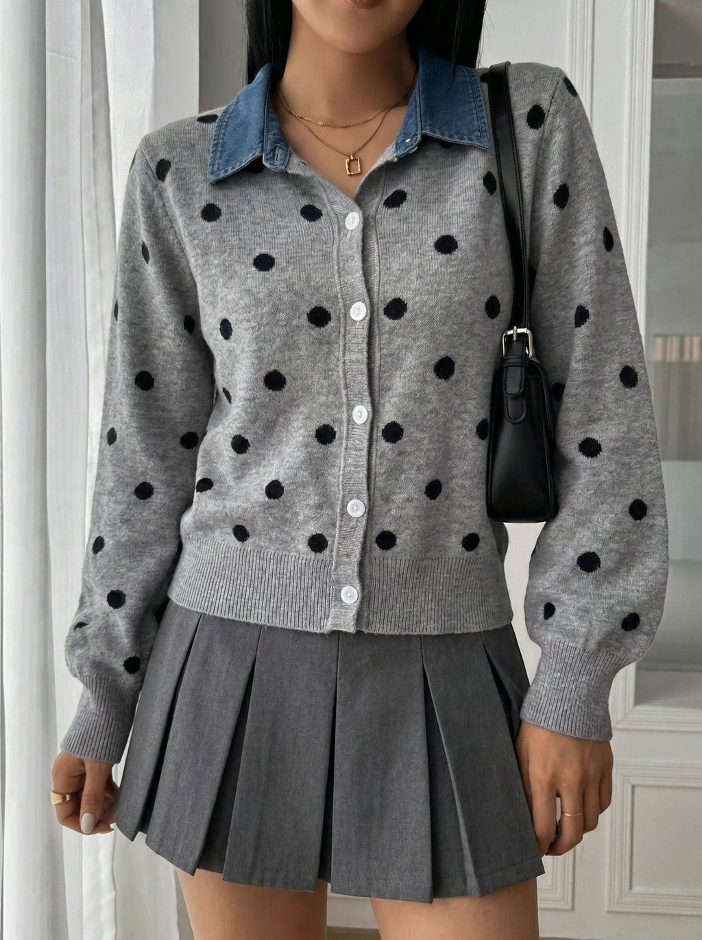 Polka-Dot Cardigan with Denim Collar in Heather Gray — front view on model with a mini skirt