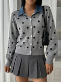Polka-Dot Cardigan with Denim Collar in Heather Gray — front view on model with a mini skirt